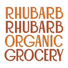 Rhubarb Organic Grocery logo featuring the words 'RHUBARB ORGANIC GROCERY' stacked vertically in a warm orange-brown serif typeface on a white background.